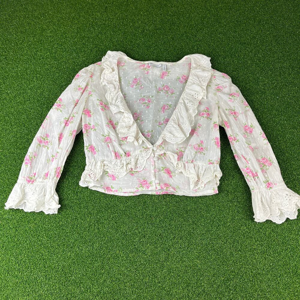 ASOS DESIGN Pink Floral Lace Trim Bell Sleeve Crop Top Sz 4